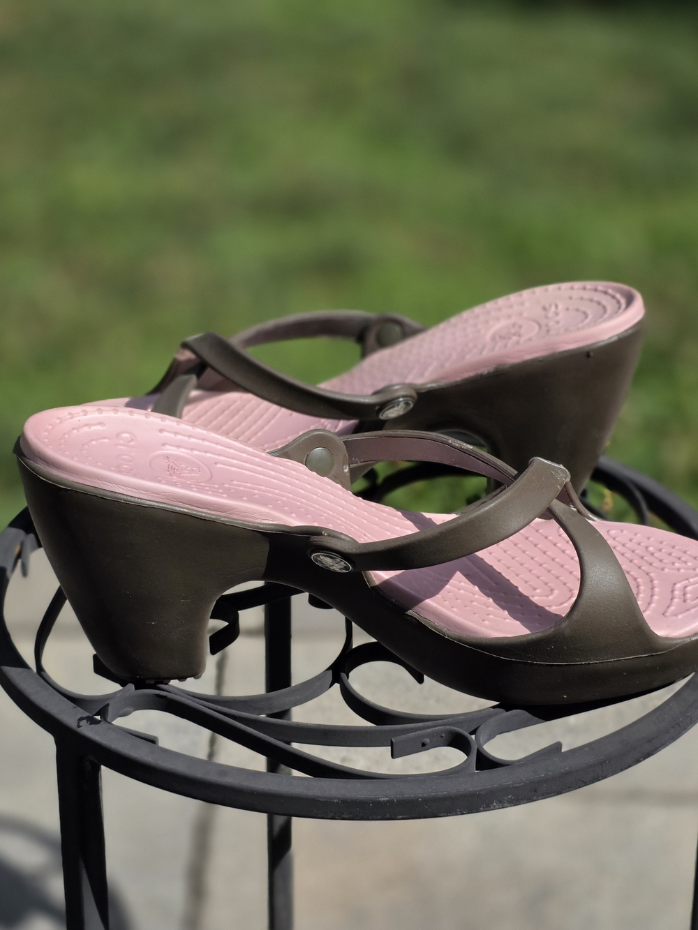 CROCS Brown Wedge Sandals with Pink Footbed